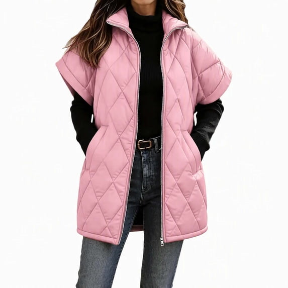 Edvintorg Vest for Women Plus Size Stand Collar Puffer Waistcoat Solid Color Zip up Long Quilted Outerwear with Pocket Womens Fashion Pink S-3XL
