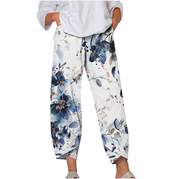 Edvintorg Vinatge Pants For Women Summer Clearance Casual Elastic Waist Buttons Printing Thin Stretch Skinny Pants Trousers Female Pantalones Para Mujeres