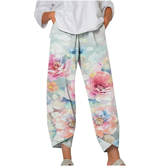 Edvintorg Vinatge Pants For Women Summer Clearance Casual Elastic Waist Buttons Printing Thin Stretch Skinny Pants Trousers Female Pantalones Para Mujeres