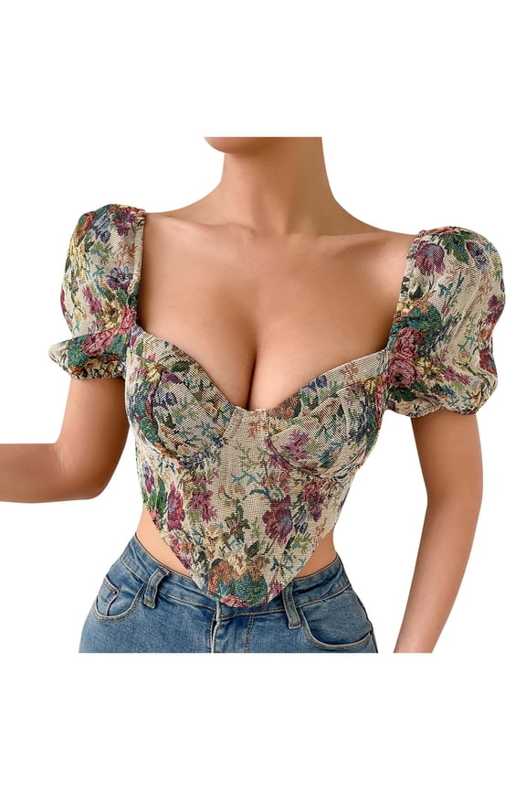 Vintage Floral Shirt for Women Casual V-Neck Blouse Summer Sexy Tops Women Short