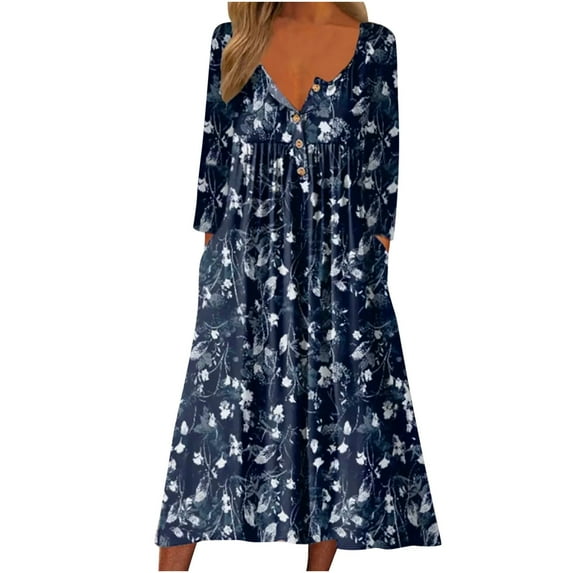 Edvintorg Vintage Flower Printed Dress For Women Clearance Fashion Long Sleeve V-Neck Button Loose Dress Shirt Ladies Dress With Pockets