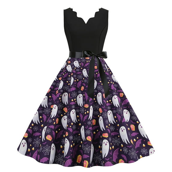 Edvintorg Vintage Halloween Dress for Women 1950S Fashion Women Halloween Casual V Neck Sleeveless Swing Dresses Ladies Vintage Dress