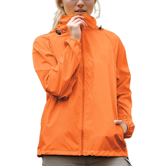 Edvintorg Waterproof Jackets for Women Long Sleeve Casual Rain Coats Lightweight Zip Up Hooded Raincoat with Pockets Plus Size Women Clothing Orange XS