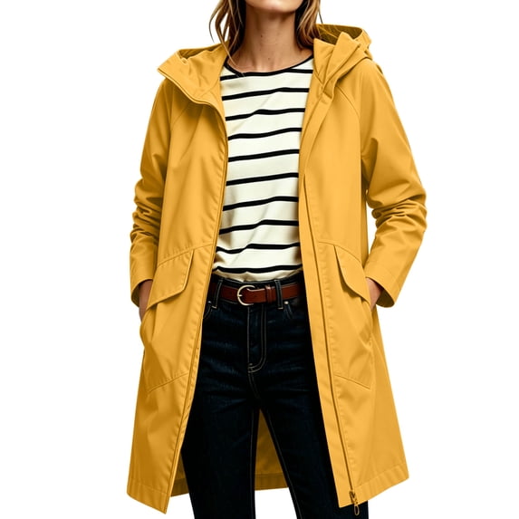 Edvintorg Waterproof Rain Jacket Women Plus Size Waterproof Long Sleeve Hooded Zip up Long Raincoat Windbreaker with Pocket Women's Clothing Yellow XL