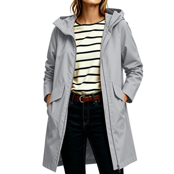 Edvintorg Waterproof Rain Jacket Women Plus Size Waterproof Long Sleeve Hooded Zip up Long Raincoat Windbreaker with Pocket Women's Clothing Gray XL