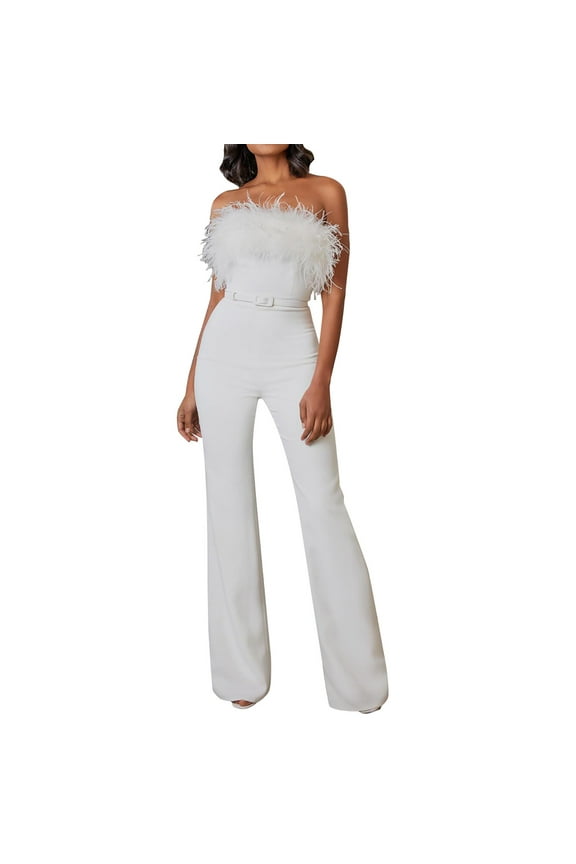 White Jumpsuits Women Sexy Tube Top Slim Cut Waist Ruffle Casual Jumpsuit Summer Ladies Jumpsuits for Party Club