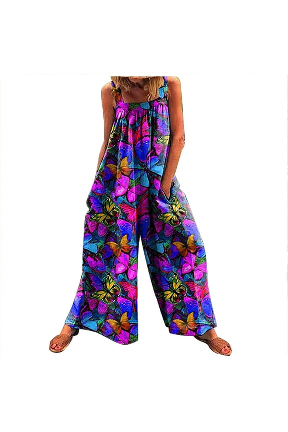Wide Leg Jumpsuit with Pockets Women Fashion Butterfly Printed Pants Overalls Rompers Buttons Suspender Jumpsuit Holiday Outfits