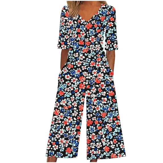 Edvintorg Wide Leg Jumpsuits for Women Vintage Floral Printed Short Sleeve V Neck Back Zipper Wide Leg Jumpsuit with Pocket Summer Casual Vacation Clothes