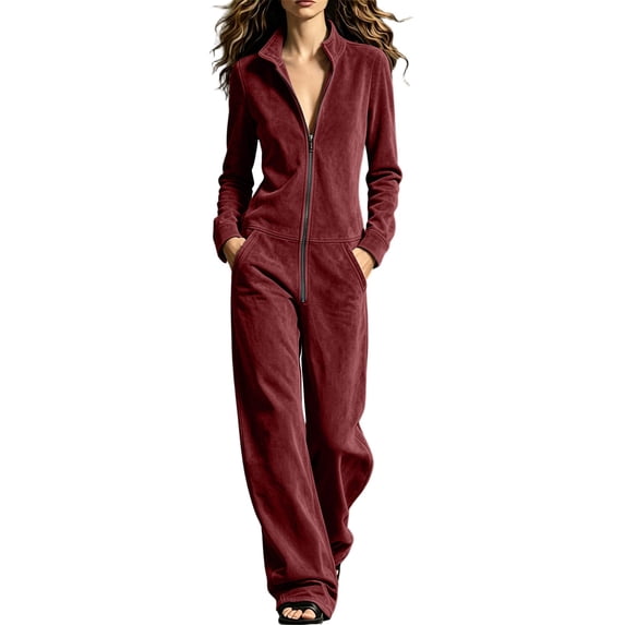 Edvintorg Wide Leg Jumpsuits for Women Long Sleeve Zip up Casual Rompers with Pant One Piece Romper for Women Xs-2XL Wine