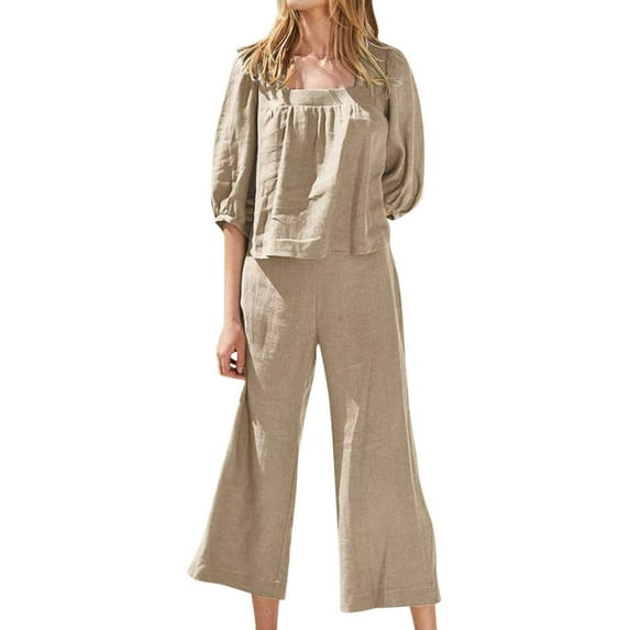 Edvintorg Wide Leg Pants Sets Women 2 Piece Outfits Clearance Solid Color Three-Quarter Sleeve Square Collar Cropped Top + Casual Long Pants Loungwear Pajama Set