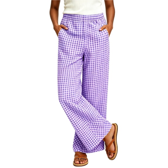 Edvintorg Wide Leg Pants Woman Plus Size Fashion Plaid Elastic Waisted Casual Loose Palazzo Trousers With Pockets Women Clothing Purple L