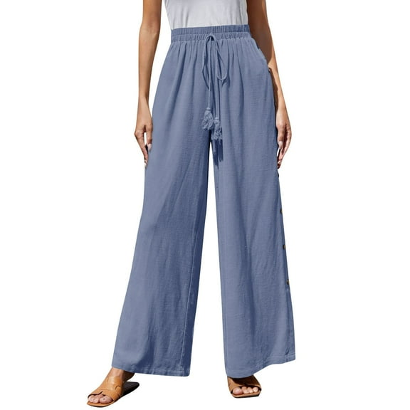 Edvintorg Wide Leg Pants Women 2025 Trendy Women's Summer Casual Pants High Waist Solid Color Comfortable Button Decoration Pants with Drawstrings Blue XXXL