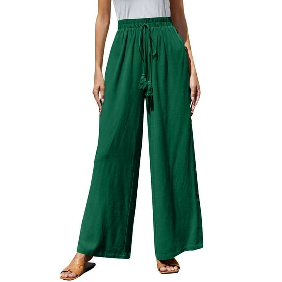 Edvintorg Wide Leg Pants Women 2025 Trendy Women's Summer Casual Pants High Waist Solid Color Comfortable Button Decoration Pants with Drawstrings Green XXXL