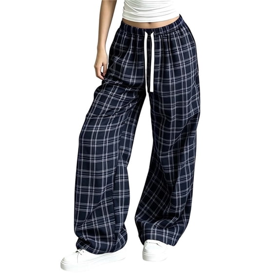 Edvintorg Wide Leg Pants for Women Elastic Waisted Plaid Trouser Drawstring Loose Casual Pant with Pocket Women's Clothes Navy S-2XL