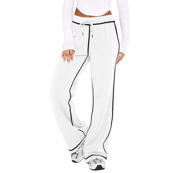 Edvintorg Wide Leg Sweatpants Women Color Block Elastic Waist Straight Leg Trousers with Drawstring Casual Baggy Pants Women White M