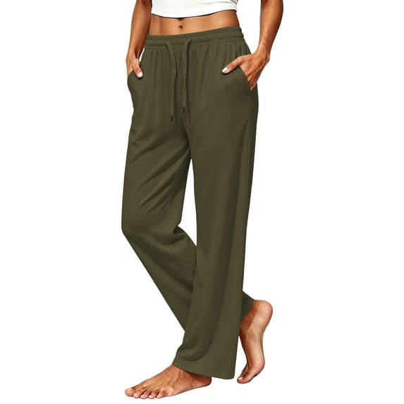 Edvintorg Wide Leg Yoga Pants for Women Plus Size Fashion Lightweight Stretch Loose Trouser Elastic Waisted Workout Pant with Pocket Womans Clothes Army Green S-3XL