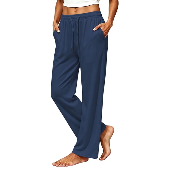Edvintorg Wide Leg Yoga Pants for Women Plus Size Fashion Lightweight Stretch Loose Trouser Elastic Waisted Workout Pant with Pocket Womans Clothes Navy S-3XL