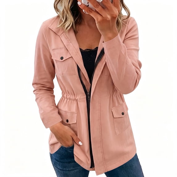 Edvintorg Wind Breaker Jacket Womens Turndown Collar Casual Zip up Rain Coat Outdoor Hiking Long Sleeve Loose Windbreaker with Pocket Womans Clothes Pink S-2XL