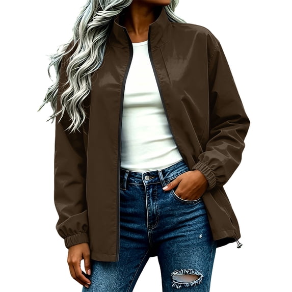 Edvintorg Windbreaker Jacket Women Lightweight Outdoor Long Sleeve Loose Casual Zip Up Coat Women's Clothing Brown XXL