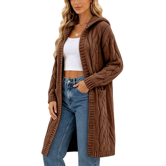 Edvintorg Winter Cardigan Sweaters for Women 2026 Knit Open Front Hooded Long Sweater Long Sleeve Cardigans with Pockets Plus Size