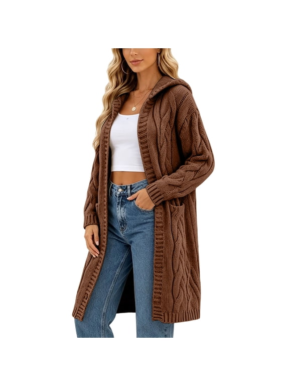 Winter Cardigan Sweaters for Women 2026 Knit Open Front Hooded Long Sweater Long Sleeve Cardigans with Pockets Plus Size