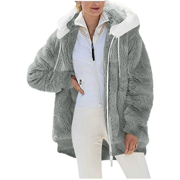 Edvintorg Winter Clothing for Women Solid Color Long Sleeve Hooded Jacket Zipper Loose Casual Outerwear Women's Coats with Pocket Gray A XXL
