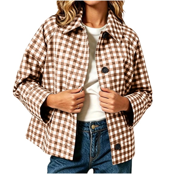 Edvintorg Winter Coats for Women Fashion Casual Plaid Long Sleeve Jacket Fall Turndown Collar Loose Outerwear Womens Fashion Brown S-2XL