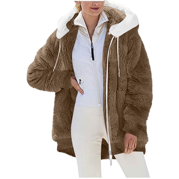Edvintorg Winter Coats for Women Fashion Solid Color Fuzzy Fleece Zipper Jacket Long Sleeve Loose Casual Hooded Outerwear with Pocket Chaquetas