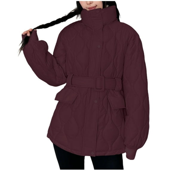 Edvintorg Winter Coats for Women Fashion Solid Color High Neck Thickened Warm Casual Outerwear with Belt Long Sleeve Zipper Padded Jackets for Women