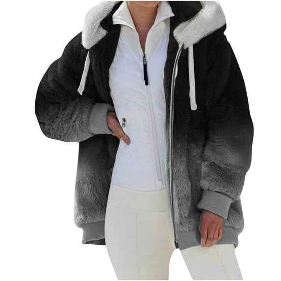 Edvintorg Winter Coats for Women Long Sleeve Loose Plush Hooded Jackets Coat with Zipper Women's Outwears