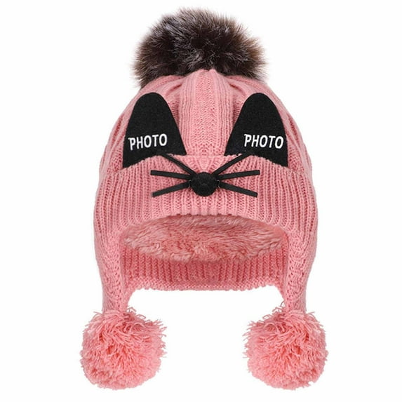 Edvintorg Winter Girls Boys Kids Winter Beanie Hat Warm Knit Thick Ski Cap With Fluff Ball Ear Cap
