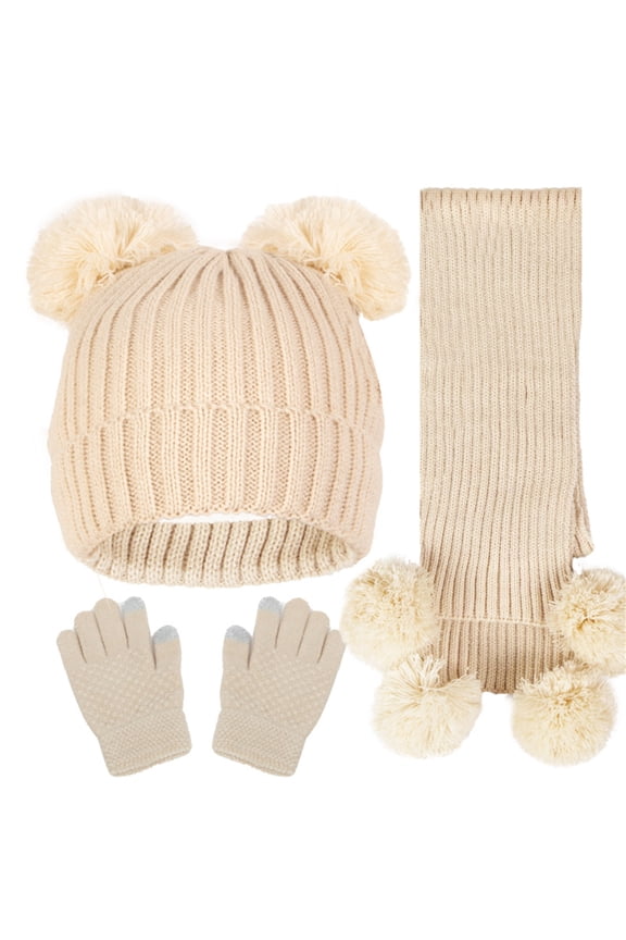 Winter Hats for Children Cute Knit Hat Warm Scarf Gloves Three Pieces Thickened Pullover Hats with Fluff Ball Hats for Kids