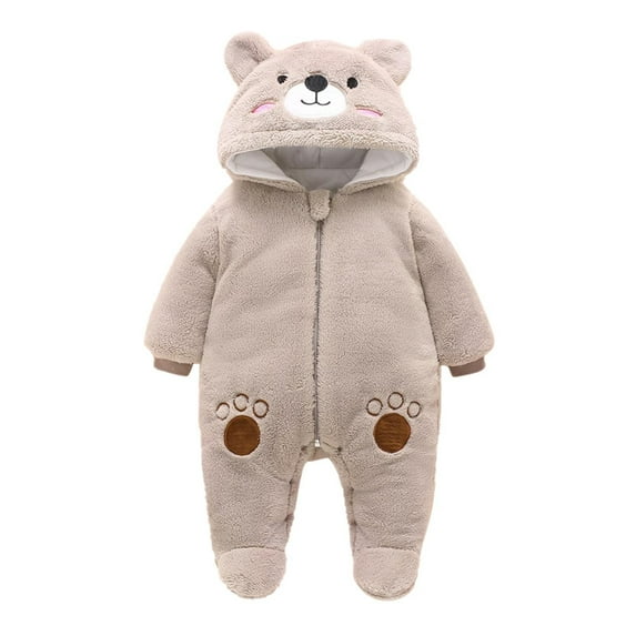 Edvintorg Winter Infant Baby Jumpsuit Boys Girls Fashion Solid Color Cute Plush Thickening Keep Warm Bear Ear Hooded Jumpsuit Romper 3-18Months Newborn Rompers