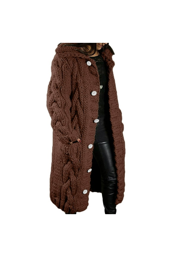 Winter Jacket Women Long Sleeve Cable Knit Long Cardigan Open Front Button Sweater Coat Outerwear with Pockets Plus Size Cardigans for Woman