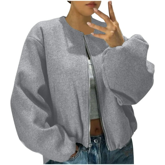 Edvintorg Winter Jackets for Women 2025 Streetwear Outerwear Solid Color Long Sleeve Casual Zip Up Cropped Jacket with Pocket Gray S