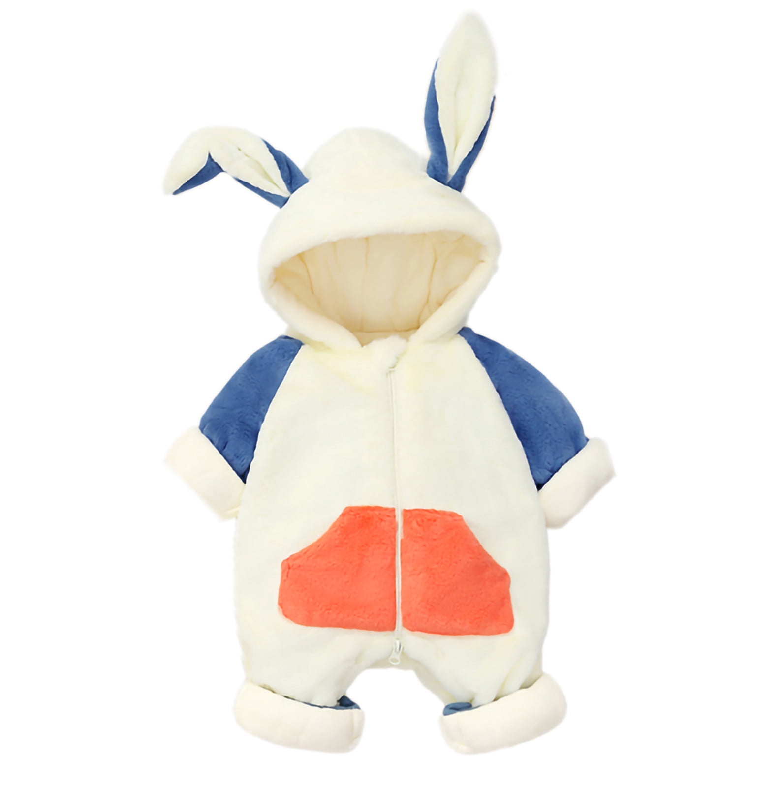 Edvintorg Winter Long Sleeve Romper Baby Boys Girls Color-Blocked Warm Hooded Rabbit Ears Rompers with Zipper Kawaii Infant Baby Jumpsuit for 3-18M Baby