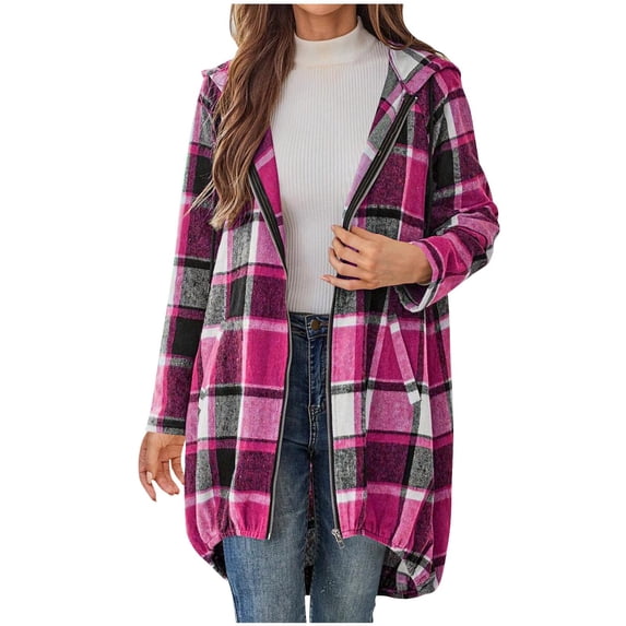 Edvintorg Winter Plaid Jackets for Women Fashion Casual Hooded Long Sleeve Long Cardigan Coat with Zipper Women's Outerwear Purple XL