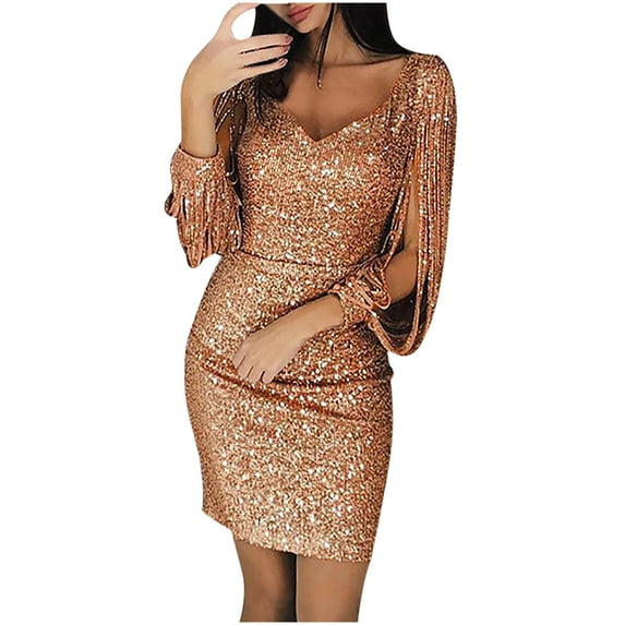 Edvintorg Winter Wedding Guest Dresses For Women Clearance Sexy Solid Sequined Stitching Shining Club Sheath Long Sleeve Mini Dress Plus Size Club Outfits For Women