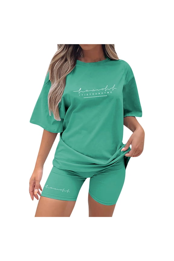 Women 2 Piece Outfit Sets Casual Oversized T-Shirt Tops Biker Shorts Workout Sports Tracksuit Fashion Summer Solid Short Sleeve Round Neck Top and Shorts Sets