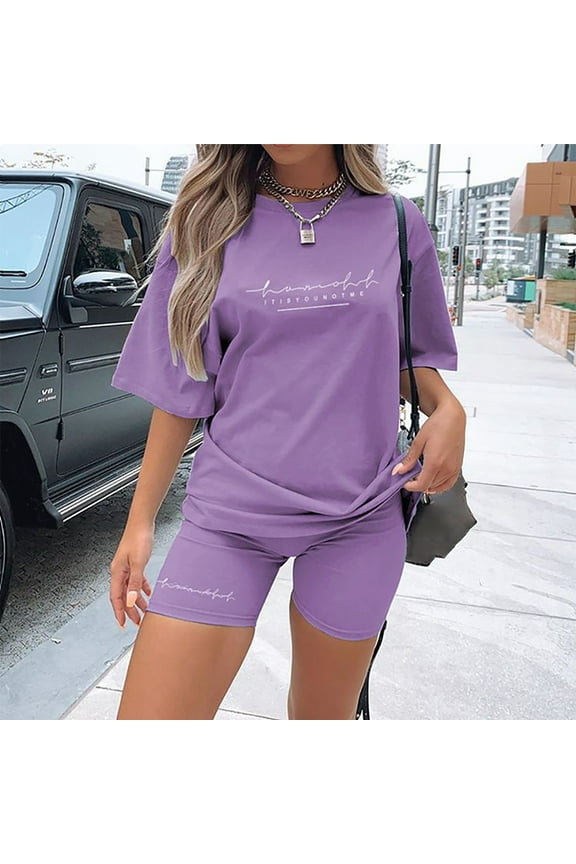 Women 2 Piece Outfit Sets Casual Oversized T-Shirt Tops Biker Shorts Workout Sports Tracksuit Fashion Summer Solid Short Sleeve Round Neck Top and Shorts Sets