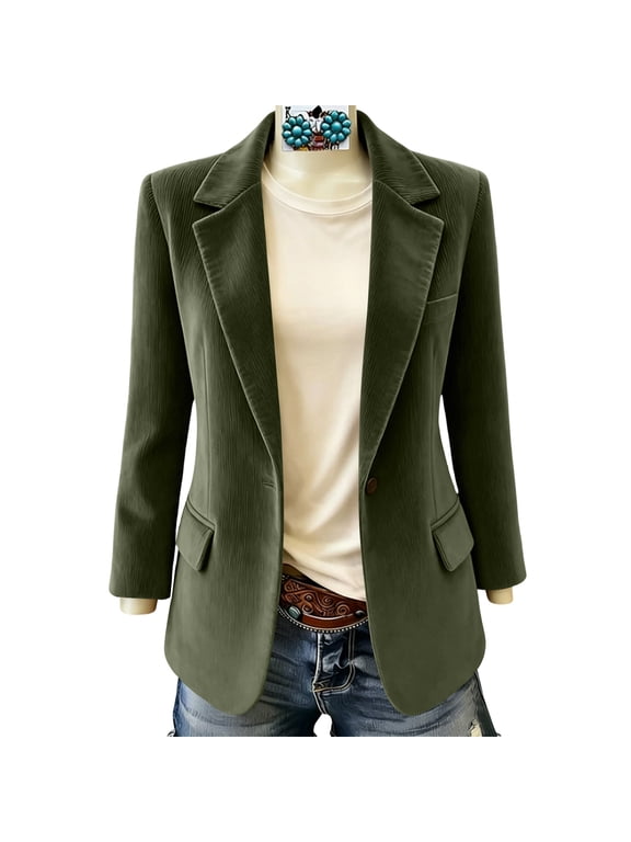 Women Blazer Corduroy Notch Lapel Business Casual Suit Jacket Long Sleeve Open Front Blazers Women Fashion Army Green L