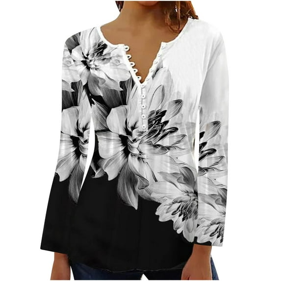 Edvintorg Women Blouse Shirts Clearance Fashion Fall Sexy Fold Printed Long Sleeves V Neck Button Up Shirt Vintage Clothes
