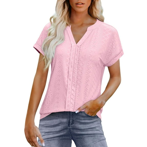 Edvintorg Women Blouses Fashion Solid Color V-Neck Short Sleeve Loose Work Shirt Pullover Tops Summer Casual Cute Work Outfits Blouses