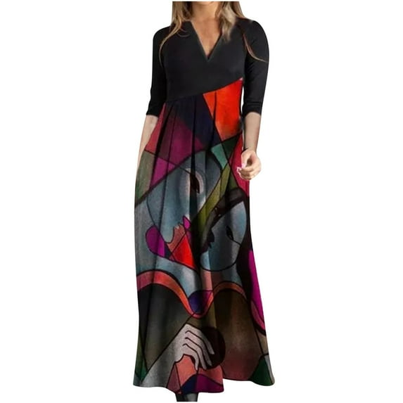Edvintorg Women Boho Maxi Dress 2025 Long Sleeve V Neck Casual Loose Printed Bohemian Dresses Fall Long Dress for Women