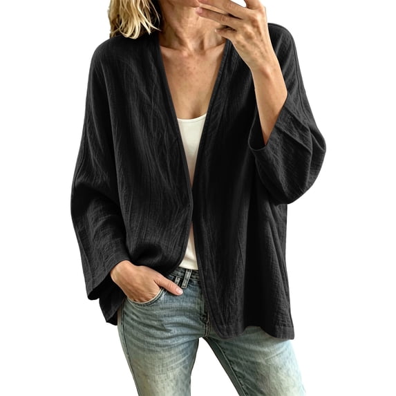 Edvintorg Women Cardigan Loose Lightweight Long Sleeve Open Front Cardigans Cotton and Linen Fall Clothes for Women Black S-2XL