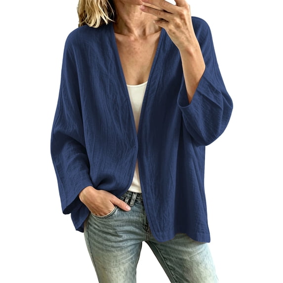 Edvintorg Women Cardigan Loose Lightweight Long Sleeve Open Front Cardigans Cotton and Linen Fall Clothes for Women Navy S-2XL