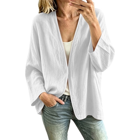 Edvintorg Women Cardigan Loose Lightweight Long Sleeve Open Front Cardigans Cotton and Linen Fall Clothes for Women White S-2XL