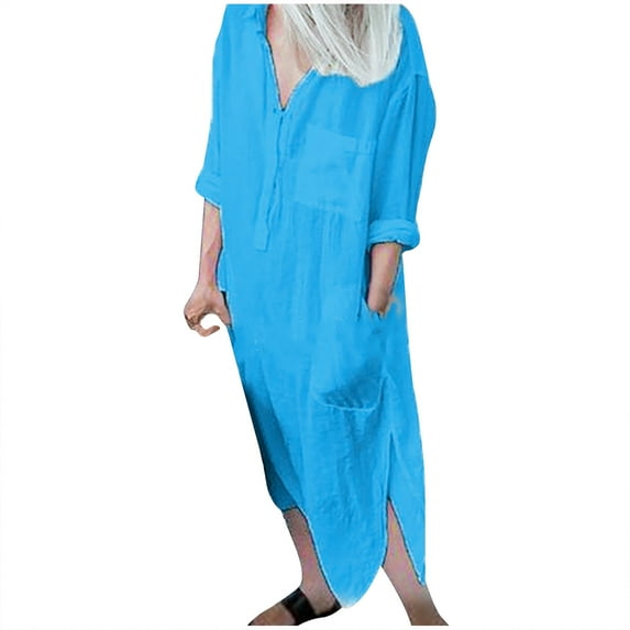 Edvintorg Women Casual Long Sleeve Turndown Collar Fall Dress Fashion Easy Double Pockets Solid Color Long Shirt Dress Cotton and Linen Plus Size Women's Clothings