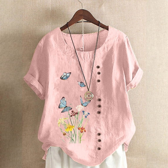 Edvintorg Women Cotton And Linen Shirts Clearance Casual Plus Size Clothing Summer Flower Printed Button Round Neck Short Sleeve Tops Blusas Mujer De Moda 2024