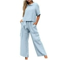 thumbnail image 1 of Edvintorg Women Crewneck Lounge Sets Clearance Fashion Cotton And Linen Women's Pajama Set Solid Half Sleeve Shirt And Pants Casual Loungewear 2 Piece Outfits For Women, 1 of 7